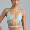 Liberty Embellished Cross-Strap Bikini Top in Ice Blue