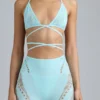 Liberty Embellished Cross-Strap Bikini Top in Ice Blue