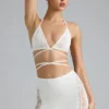 Liberty Embellished Cross-Strap Bikini Top in Ivory