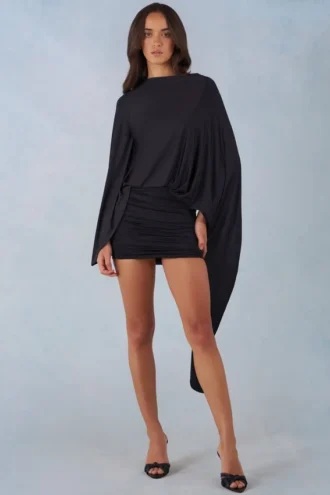 Lida Draped Cape Mini Dress in Black