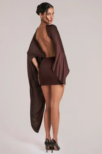 Lida Draped Cape Mini Dress in Chocolate Brown