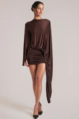 Lida Draped Cape Mini Dress in Chocolate Brown
