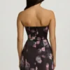 Liliosa Strapless Structured Tulip Mini Dress in Black Floral Print