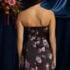 Liliosa Strapless Structured Tulip Mini Dress in Black Floral Print