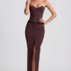 Liora Pinstripe Low-Rise Maxi Skirt in Chocolate Brown