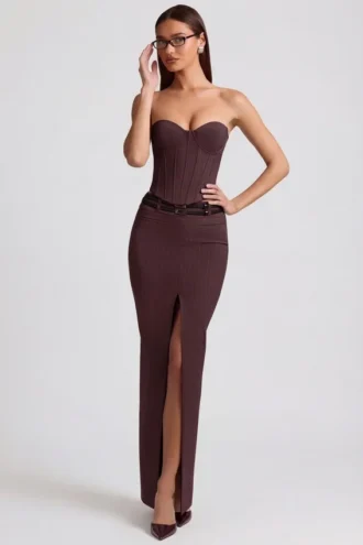Liora Pinstripe Low-Rise Maxi Skirt in Chocolate Brown