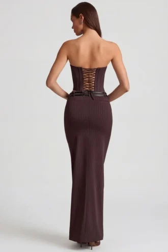 Liora Pinstripe Low-Rise Maxi Skirt in Chocolate Brown