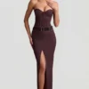 Liora Pinstripe Low-Rise Maxi Skirt in Chocolate Brown