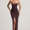 Liora Pinstripe Low-Rise Maxi Skirt in Chocolate Brown