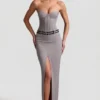Liora Pinstripe Low-Rise Maxi Skirt in Grey