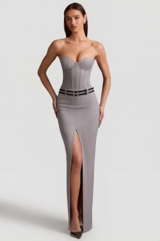 Liora Pinstripe Low-Rise Maxi Skirt in Grey