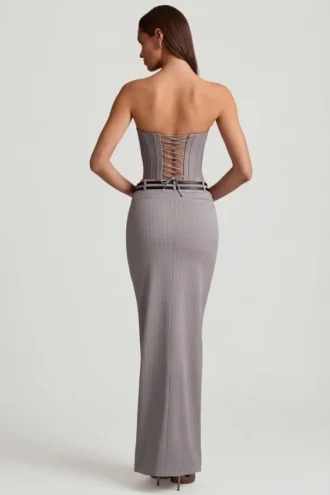 Liora Pinstripe Low-Rise Maxi Skirt in Grey