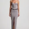 Liora Pinstripe Low-Rise Maxi Skirt in Grey