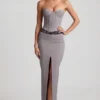 Liora Pinstripe Low-Rise Maxi Skirt in Grey