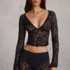 Lioren Sheer Lace Plunge-Neck Long-Sleeve Top in Black