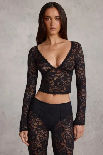 Lioren Sheer Lace Plunge-Neck Long-Sleeve Top in Black