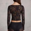 Lioren Sheer Lace Plunge-Neck Long-Sleeve Top in Black