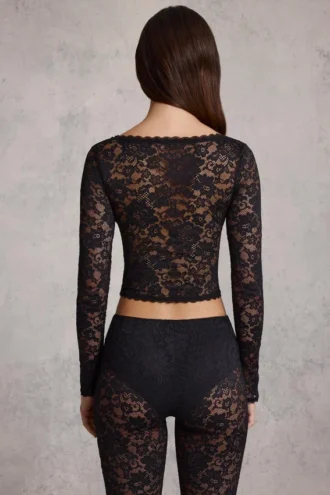 Lioren Sheer Lace Plunge-Neck Long-Sleeve Top in Black