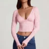 Lioren Sheer Lace Plunge-Neck Long-Sleeve Top in Pink