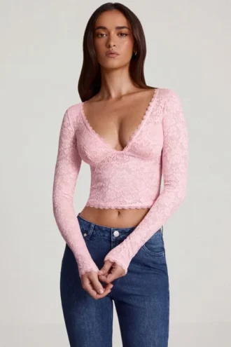 Lioren Sheer Lace Plunge-Neck Long-Sleeve Top in Pink