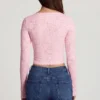 Lioren Sheer Lace Plunge-Neck Long-Sleeve Top in Pink