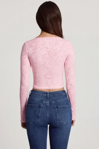 Lioren Sheer Lace Plunge-Neck Long-Sleeve Top in Pink