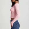 Lioren Sheer Lace Plunge-Neck Long-Sleeve Top in Pink