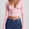 Lioren Sheer Lace Plunge-Neck Long-Sleeve Top in Pink