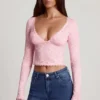 Lioren Sheer Lace Plunge-Neck Long-Sleeve Top in Pink