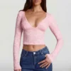 Lioren Sheer Lace Plunge-Neck Long-Sleeve Top in Pink