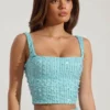 Lirael Embellished Square-Neck Crop Top in Aqua Blue