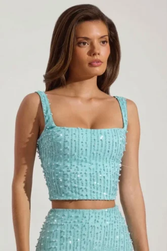 Lirael Embellished Square-Neck Crop Top in Aqua Blue