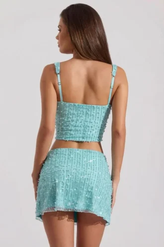 Lirael Embellished Square-Neck Crop Top in Aqua Blue