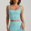 Lirael Embellished Square-Neck Crop Top in Aqua Blue