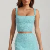 Lirael Embellished Square-Neck Crop Top in Aqua Blue