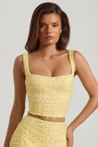 Lirael Embellished Square-Neck Crop Top in Yellow