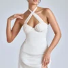 Lisbeth Cross-Neck A-Line Mini Dress in Ivory