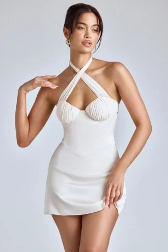 Lisbeth Cross-Neck A-Line Mini Dress in Ivory