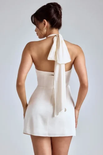 Lisbeth Cross-Neck A-Line Mini Dress in Ivory