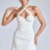 Lisbeth Cross-Neck A-Line Mini Dress in Ivory
