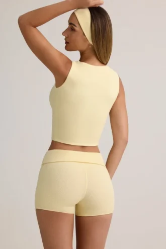 Lisha Modal Ribbed Mid-Rise Foldover Shorts in Buttercream Yellow