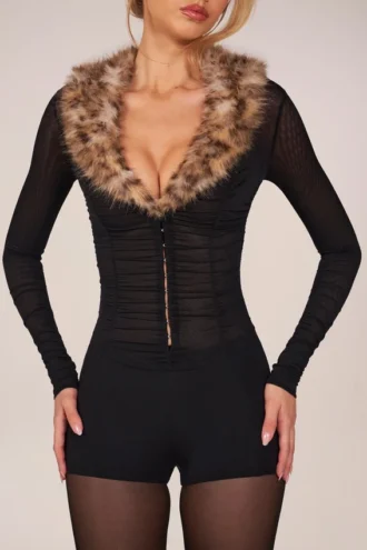 Loa Faux Fur-Trim Playsuit in Black