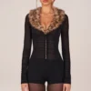 Loa Faux Fur-Trim Playsuit in Black