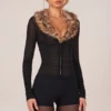 Loa Faux Fur-Trim Playsuit in Black