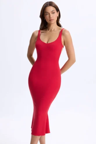 Lois Modal Plunge Open-Back Midaxi Dress in Cherry Red