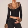 Lola Faux Fur-Trim Sheer Mesh Cardigan in Black