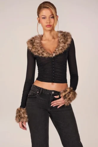 Lola Faux Fur-Trim Sheer Mesh Cardigan in Black