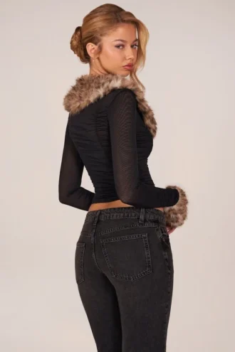 Lola Faux Fur-Trim Sheer Mesh Cardigan in Black