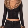 Lola Faux Fur-Trim Sheer Mesh Cardigan in Black