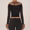 Lola Faux Fur-Trim Sheer Mesh Cardigan in Black